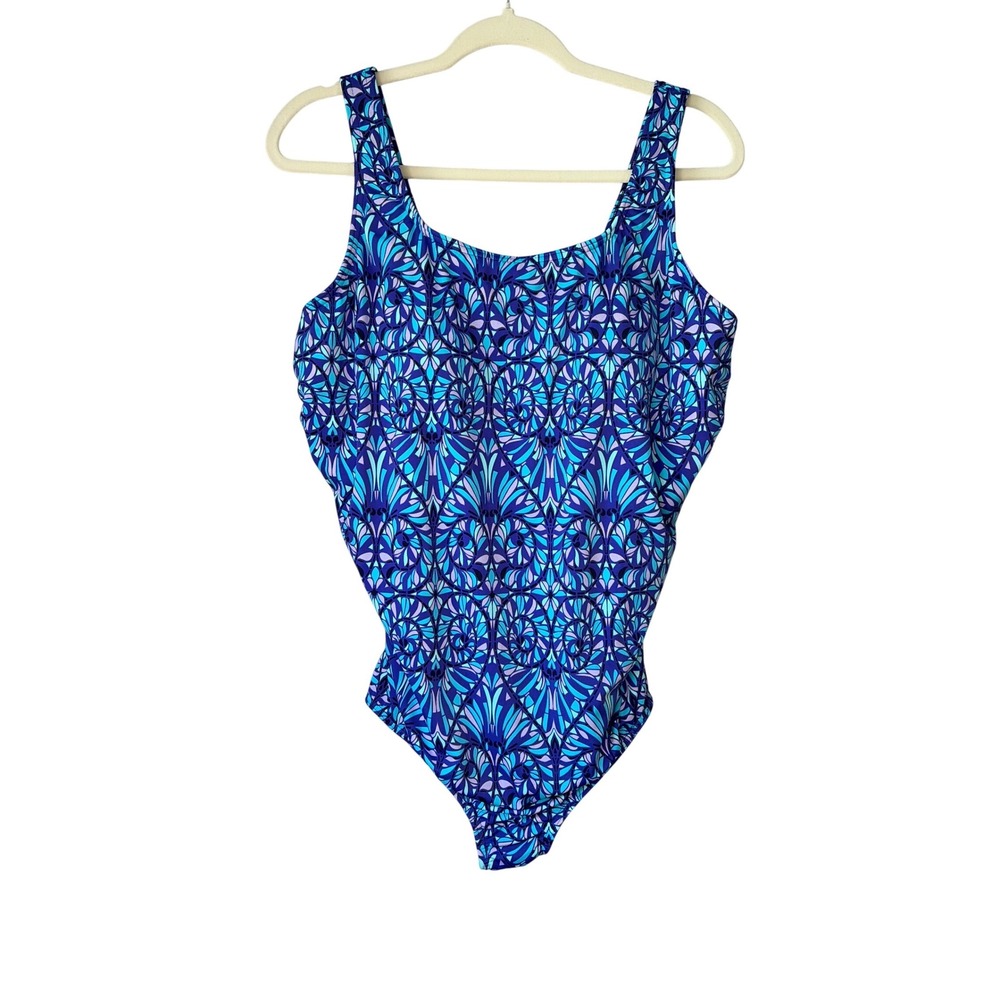 Lands End Womens 20W Blue Purple Geometric Mosaic One Piece Swimsuit 481549